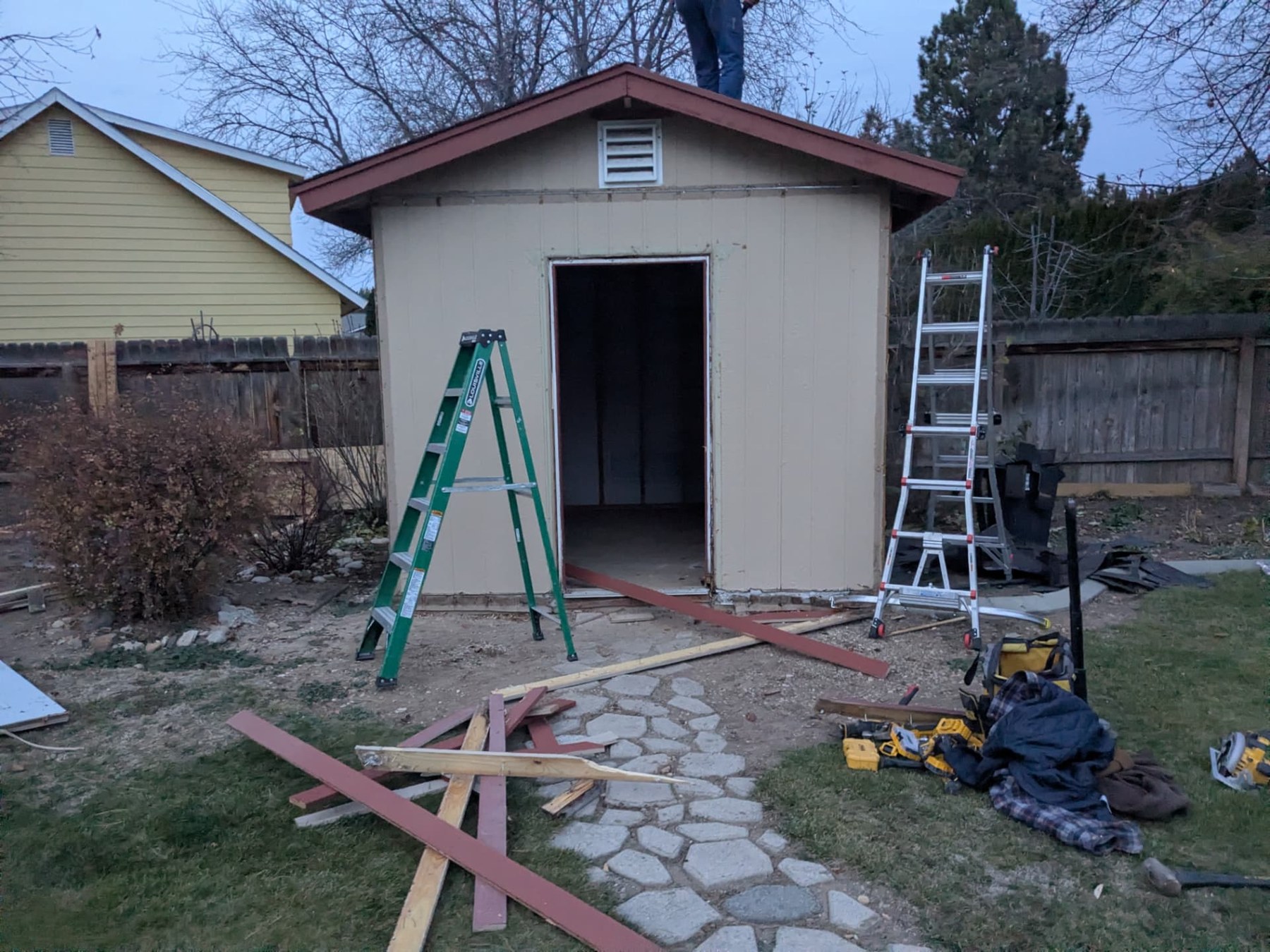 Backyard shed exterior with tools and repair materials